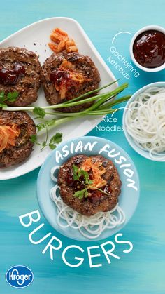 Mix up your burger game this summer by replacing the usual bun with a bed of rice noodles and ketchup with a spicy Korean-inspired Gochujang sauce!  Get the recipe and ingredients at Kroger. Korean Burgers, Fourth Of July Cookout, Ketchup Recipe, Gochujang Sauce, Fourth Of July Party, Spicy Korean, Easy Asian, Asian Fusion, Rice Noodles