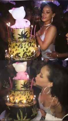 a woman is kissing a cake with candles on it and another person has her face close to the cake