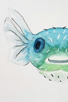 a drawing of a fish with blue and green colors on it's head, looking to its left