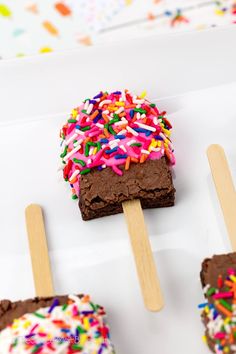 chocolate cake pops with sprinkles on them and wooden sticks in the middle