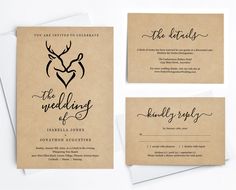 the wedding stationery is set on top of two envelopes, and has an antelope design