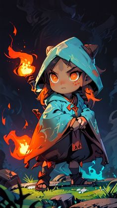 an illustration of a girl with orange eyes and a blue hoodie holding a flame in her hand