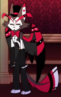 an animated cat dressed in black and red standing next to a piano with his hands on his hips