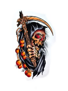 a drawing of a skeleton holding a pumpkin