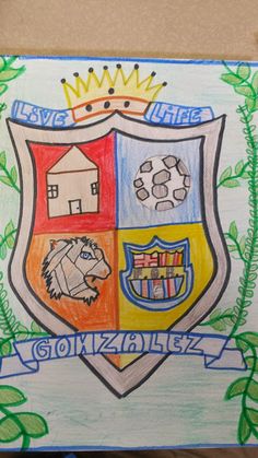 a drawing of a coat of arms with two lions and a lion on it, surrounded by green leaves