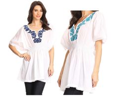 Wear this as a lightweight blouse with skinny jeans and heels or wear with denim shorts as a cute cover up while walking the shop on the pier! Short Sleeve Smock Blouse For Beach, White Smock Blouse For Beach, White Bohemian Smock Top, Vacation Smock Blouse With Short Sleeves, Short Sleeve Smock Blouse For Vacation, White Smock V-neck Tops, Bohemian Smock Top With Short Sleeves, Leggings And Sandals, Tunic With Leggings