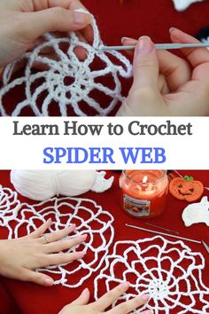 hands crocheting spider web with text overlay reading learn how to crochet spider web