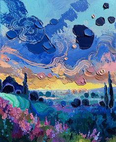 an abstract painting with blue, pink and yellow colors in the sky above some trees