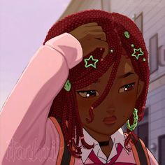 a girl with red dreadlocks and green stars on her hair is looking at the camera