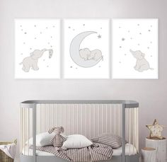 two pictures of elephants on the wall above a crib