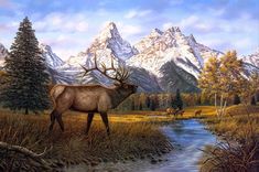 a painting of an elk in the mountains