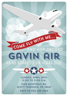 an airplane birthday party card with the words, come fly with me and hop aboard gavin air as he soars to six years old