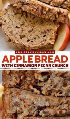 apple bread with cinnamon pecan crunch is cut in half and stacked on top of each other