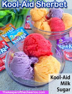 three bowls filled with different colored ice cream