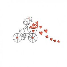 a drawing of a girl riding a bike with hearts coming out of the basket