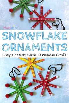 an ornament made out of popsicle sticks with the words snowflake ornaments