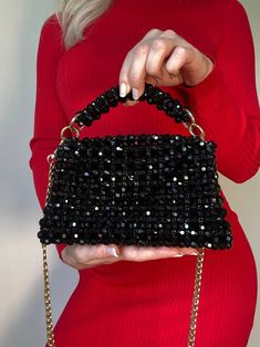 This handmade beaded bag will complete your look. Has unique and inimitable color. Made with crystal beads. The bag has an emerald lining and gold fitting, comes with gold handle - 1m, Bag dimensions: -Height - 12 cm, with handle 20 cm -Width-21 cm, -Depth -5 cm This bag can hold: - Iphone - car keys ID - headphones / AirPods - cardholder - cash lipstick - antiseptic It is ideal for any occasion and for those who love handmade accessories. The bag is very durable and almost impossible to tear. Black Luxury Bag, Black Video, Bead Bag, Hand Bags For Women, Bridesmaid Clutches, Bridesmaid Gift Bags, Bridal Bag, Bridesmaid Bags, Women's Bags By Shape