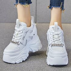 Increasing Height Women Leather Platform Fashion Sneaker Boots Comfort High Heel Condition:New  with box Color: Black,White Heel:8 cm.Include platform is 5 cm+hidden wedge 3 cm Material: Cow Leather + Cotton blend Closer: Lace up EU size: 35 36 37 38 39 40 41 42 43 US size:4.5 5 6 7 8 9 9.5 10 10.5 shipping All orders processed within 24-48hours after payment confirmed.pls make sure your ebay adress is right,we only ship to confirmed ebay address.All packages will be send out by China Airmail,us Boot Chains, Lace Up High Heels, High Heel Sneakers, Wedges Style, Faux Leather Heels, Girly Shoes, Fendi Shoes, Fall Shoes, Platform Wedge