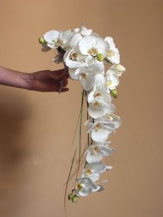 a woman holding a bouquet of white flowers