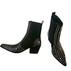 Size 9 Black With Flat Silver Studs, Bootie, True To Size Nwot, Smoke Free Pet Free Home, Excellent Condition, Pull On, 2in Heel Black Rhinestone Boots For Spring, Black Party Boots With Silver Accents, Silver Studded Boots For Night Out, Black Boots With Rhinestone Rivets For Night Out, Glamorous Black Boots With Studs, Glamorous Black Studded Boots, Silver Studded Boots For Fall, Chic Black Boots With Silver Studs, Zsa Zsa