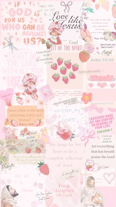 a collage of pink and white images with hearts, flowers, and other things