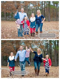 two pictures of a family posing for the camera with their hands up in the air