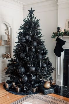 a black christmas tree in a living room