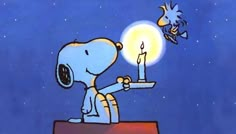 a cartoon character holding a lit candle in front of a bird flying over the moon