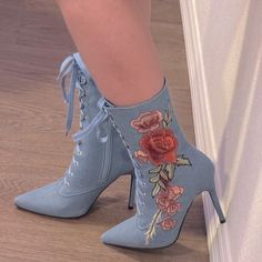 Denim Embroidered Stiletto Heel Mid Calf Booties Light Blue Shoes, Heel Shoes, Blue Shoes, Beautiful Shoes, Stiletto Heel, Shoes Heels Boots, Over The Knee Boots, Mid Calf, Heeled Boots