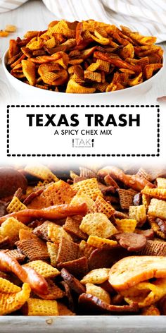 two bowls filled with cheetos and the words texas trash next to each other