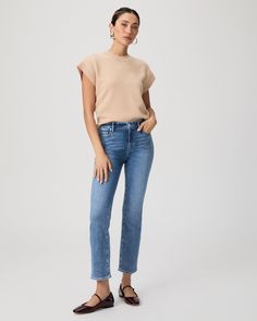 This high-rise, straight jean is lean through the leg and finishes at the ankle. This pair is crafted from our customer-favorite PAIGE VINTAGE denim in a vintage-inspired light wash with natural fading. PAIGE VINTAGE takes all of the work out of breaking in your favorite pair of vintage jeans. We've combined the comfort of stretch with everything you love about authentic vintage denim to create super soft jeans that feel perfectly lived-in from the very first wear. | Cindy Straight Jean - Limo B Soft Jeans, Breaking In, Men Store, Denim Shoes, Bottom Clothes, Vintage Jeans, Work Out, Vintage Denim, Straight Jeans