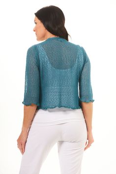 You'll need this in every color. This ever so popular lightweight knit shrug is easy to style over a tank or dress. This shrug can be styled tied in the front or left open. CR7137-TEAL 75% Acrylic, 25% Nylon Wash delicate. Hang to dry. Dress Shrug, Sheer Jacket, Shrug For Dresses, Knit Shrug, Teal Dress, Lightweight Knit, Sundress, Dress Shop, Knitting