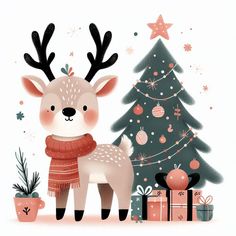 a deer standing next to a christmas tree