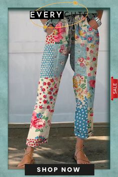 Women's Vintage Floral Print Casual Pants Spring High Waist Patchwork Pants, Wide Leg Patchwork Bottoms For Spring, Spring Patchwork Pants, Spring Patchwork Ankle-length Pants, Bohemian Spring Bottoms With Tapered Leg, Spring Cotton Patchwork Pants, Spring Relaxed Fit Patchwork Pants, Spring Tapered Leg Pants With Patchwork, Casual Patchwork Tapered Leg Bottoms