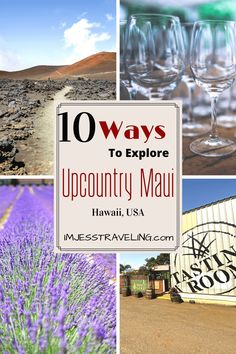 wine glasses and lavender flowers with the words 10 ways to explore upcounty mau