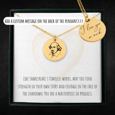 Why this William Shakespeare necklace is for YOU! ✅ Eternalize a significant moment ✅ A gift straight from the heart ✅ The perfect gift for birthdays, anniversaries, memorials, achievements, etc. How it works? Choose your favorite color (Silver, Gold or Rose Gold) Add a custom message to personalize the back of the pendant (optional) (you can add any text, date, coordinates or symbols) Once your order is received, our professional designers will start working on it asap to ensure a qualitative product and a fast delivery. What to expect? A beautifully engraved necklace, which you helped create!. The necklace will be packed in a gift box. Specifications - Necklace size: 56 cm - Pendant size: 20 mm - Material: stainless steel This is a personalized item, and it will be ready to ship within 2 Straight From The Heart, Necklace For Men, William Shakespeare, Engraved Necklace, Necklace Sizes, Men Necklace, Custom Engraving, Or Rose, Gift For Lover