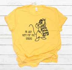 Gus-Gus I'm Just Here For The Snacks Perfect for the parks! UNISEX FIT This is a Bella brand, lightweight and super soft Other shirt styles available upon request. Any questions, just ask! Color pictured is Heather Yellow Gold Funny Disney Shirts For Women, Disney Poses, Funny Disney Shirts, Here For The Snacks, Disney Tee Shirts, Gus Gus, Universal Shirts, Disney 2024, Disney World Vacation Planning