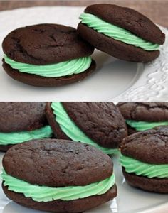 chocolate mint whoopie pies are on a plate