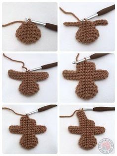 four crocheted teddy bears hanging from strings on a white surface with brown handles