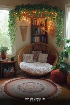 a living room filled with lots of plants and lights hanging from the ceiling above it