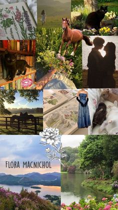 the collage shows horses, flowers, and people in different pictures with words that read flora machchiol