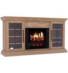 an entertainment center with a fire place and glass doors on the front, in oak