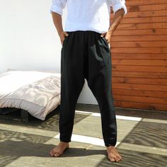 Mens Black Linen Harem Pants a unique outfit for stylish men who also look for sustainable clothes. Our linen harem pants for men have a dropped crotch and a modern slimmer cut that gives you the freedom to wear them everyday life. Plus & big and extra tall sizes are also available. These harem pants have urban style but can also be worn as boho style pants with a boho top, especially our linen tops. Wear them everyday in joy with every move: while dancing, in the city, taking a walk in the Black Linen Harem Pants For Summer, Summer Black Linen Harem Pants, Boho Style Pants, Black Linen Trousers, Harem Pants Men, Linen Harem Pants, Black Linen Pants, Black Harem Pants, Mens Linen Pants