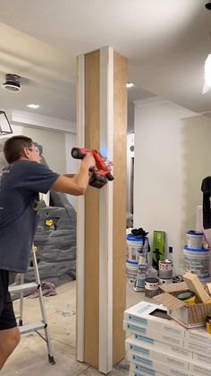 DIY column YES or NO? 🤙 Don’t forget to save for later! #diywoodwork #diywoodworking #trimwork #carpentry #carpenter #carpentryskills #carpentrywork #diyhomeimprovement #columns #basementdesign #basement #basementremodel | Randomdiyguy | Sun Room · Fun Interior Column Wrap Ideas, Basement Column Covers, Basement Column Ideas, Interior Columns Ideas, Basement Pole Covers, Column Shelves, Columns Interior, Basement Poles, Column Ideas