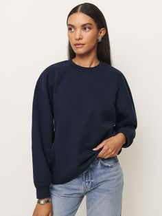 Shop the Emma Classic Crewneck Sweatshirt from Reformation, a relaxed sweatshirt with a crew neckline. Relaxed Fit Crew Neck Sweatshirt For Everyday, Everyday Relaxed Fit Crew Neck Sweatshirt, Boxy Crew Neck Sweatshirt For Everyday, Fall Boxy Crew Neck Top, Boxy Fit Crew Neck Top For Fall, Boxy Fit Crew Neck Sweatshirt For Everyday, Everyday Boxy Fit Crew Neck Sweatshirt, Crew Neck Top With Ribbed Collar In French Terry, French Terry Crew Neck Tops With Ribbed Collar