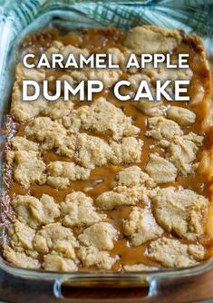 caramel apple dump cake in a glass baking dish on a wooden table with text overlay