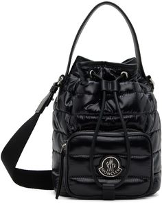 Padded quilted nylon laqué shoulder bag in black. Water-repellent. · Buffed leather carry handle · Detachable webbing shoulder strap · Zip pocket and logo hardware at face · Drawstring closure · Patch pocket at interior · Taffeta lining · H9.25 x W6.5 x D5 in Supplier color: Black Luxury Nylon Crossbody Bag, Quilted Nylon Top Handle Bag, Designer Black Bags With Glossy Finish, Luxury Quilted Nylon Shoulder Bag, Luxury Black Glossy Finish Shoulder Bag, Designer Crossbody Bags With Glossy Finish, Designer Glossy Finish Crossbody Bag, Designer Nylon Top Handle Bag, Modern Travel Bags With Glossy Finish