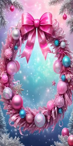 a christmas wreath with pink and blue ornaments