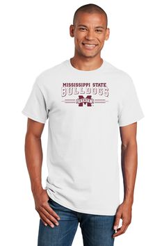 GO Bulldogs! FREE SHIPPING on all orders over $50 Officially licensed by Mississippi State University 100% cotton preshrunk jersey tee, 6.1 oz Seamless double-needle collar Printed in South Dakota, USA College Cotton T-shirt With Three Stripes, Collegiate Three Stripes Short Sleeve T-shirt, White College T-shirt With Three Stripes, White T-shirt With Three Stripes, White Collegiate T-shirt With Three Stripes, Msu Bulldogs, Mississippi State University, Mississippi State Bulldogs, Mississippi State