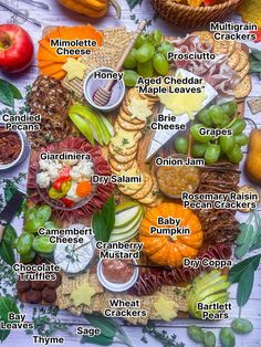 an assortment of cheeses, fruits and vegetables on a white tablecloth with the names of them